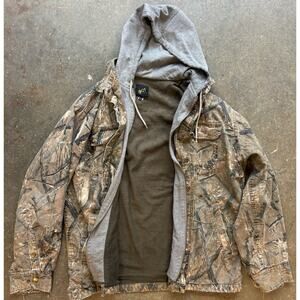 G21 By George Grunge Camo Thrashed Hoodie Jacket Men’s Size Large Tree Bark Vtg